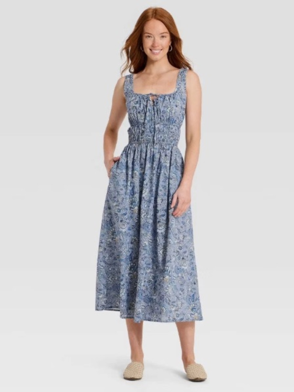 Blue Floral Smocked Midi Dress